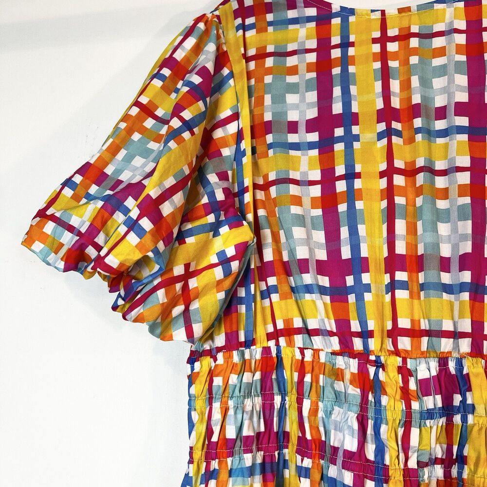 Plaid Midi Dress Colorful Stretch Smocked Waist Pink Yellow Blue NWT Sz 3X - Picture 8 of 16